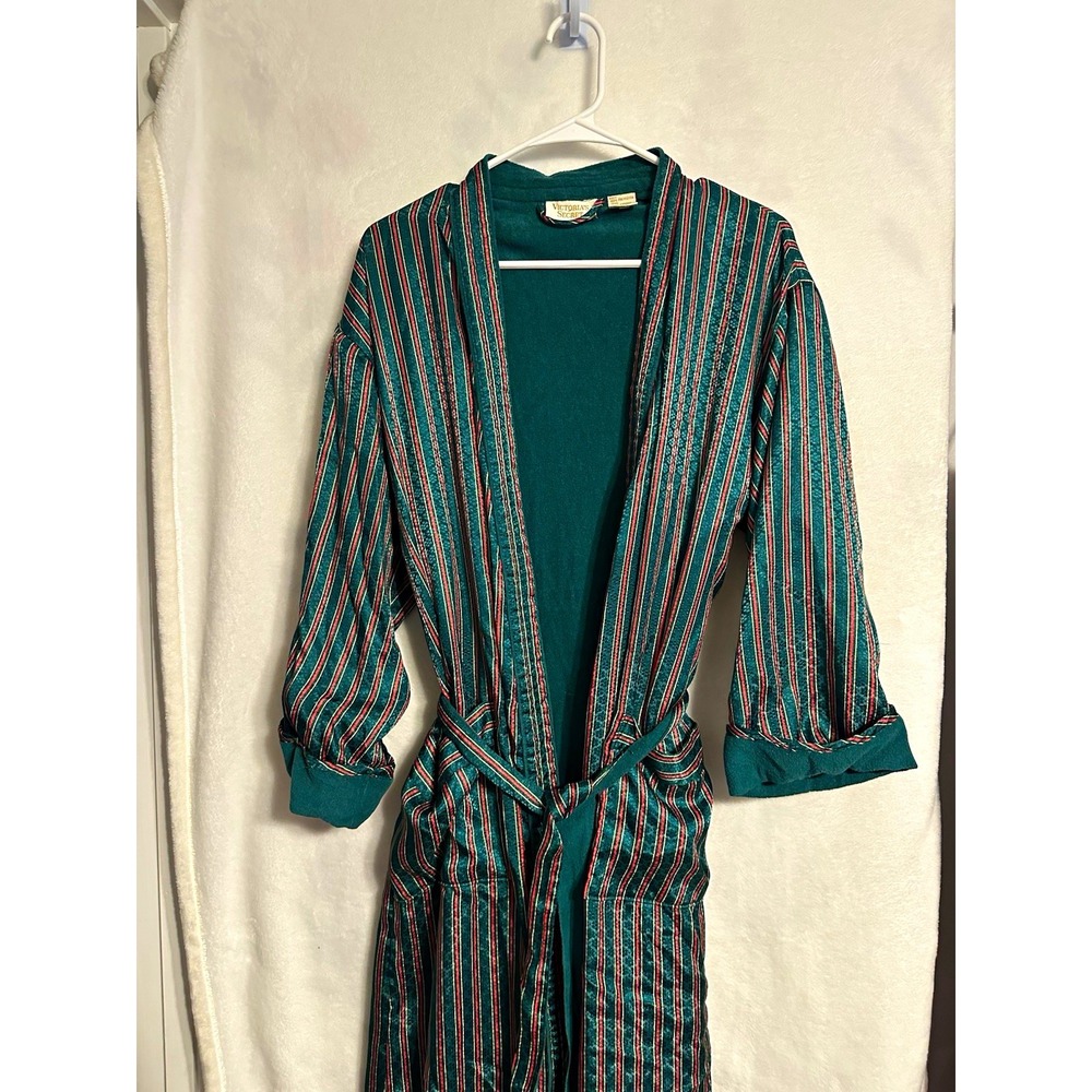 Vintage Victoria's Secret Gold Label Terry Lined Satin Robe Green Striped Small